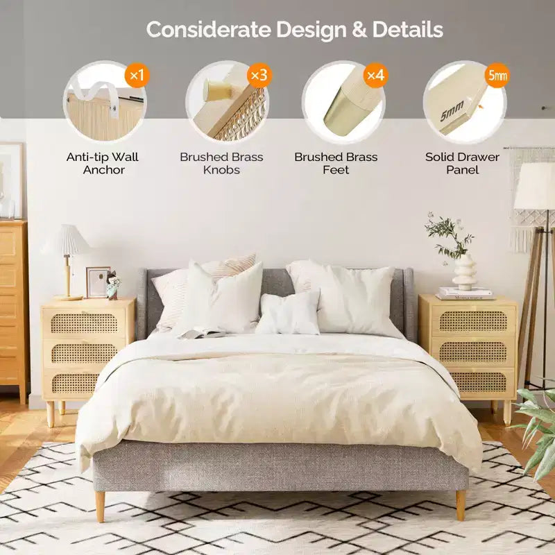 Comodino singolo beige a 3 cassetti con cassetti in rattan