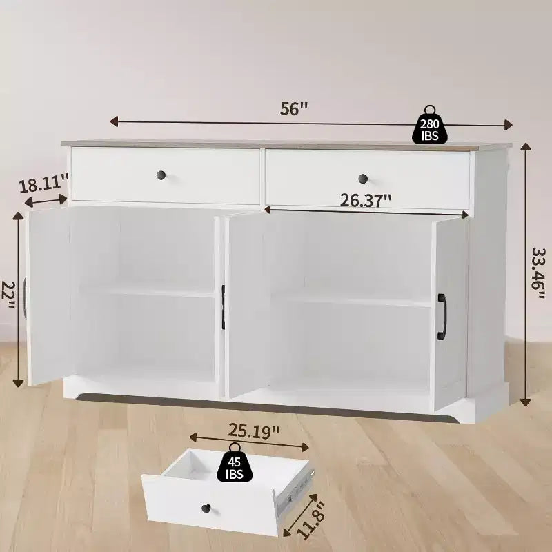 Credenza a buffet da fattoria bianca, mobile a 2 ante e 2 cassetti