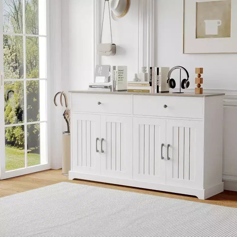 Credenza a buffet da fattoria bianca, mobile a 2 ante e 2 cassetti