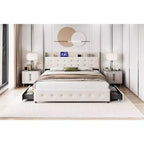 Bed Frame with Storage Headboard, 4 Drawers, and Charging Station, Velvet Upholstered Platform Design, No Box Spring Required, Sturdy Support.