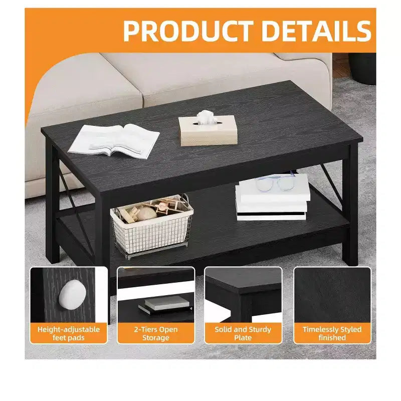 Tavolino da Caffè in Legno Nero a 2 Ripiani con Scaffale Contenitore, Gambe a X, 1 Pezzo