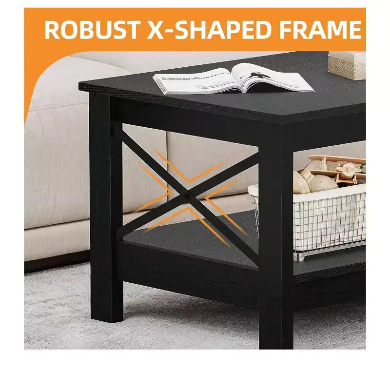 Tavolino da Caffè in Legno Nero a 2 Ripiani con Scaffale Contenitore, Gambe a X, 1 Pezzo