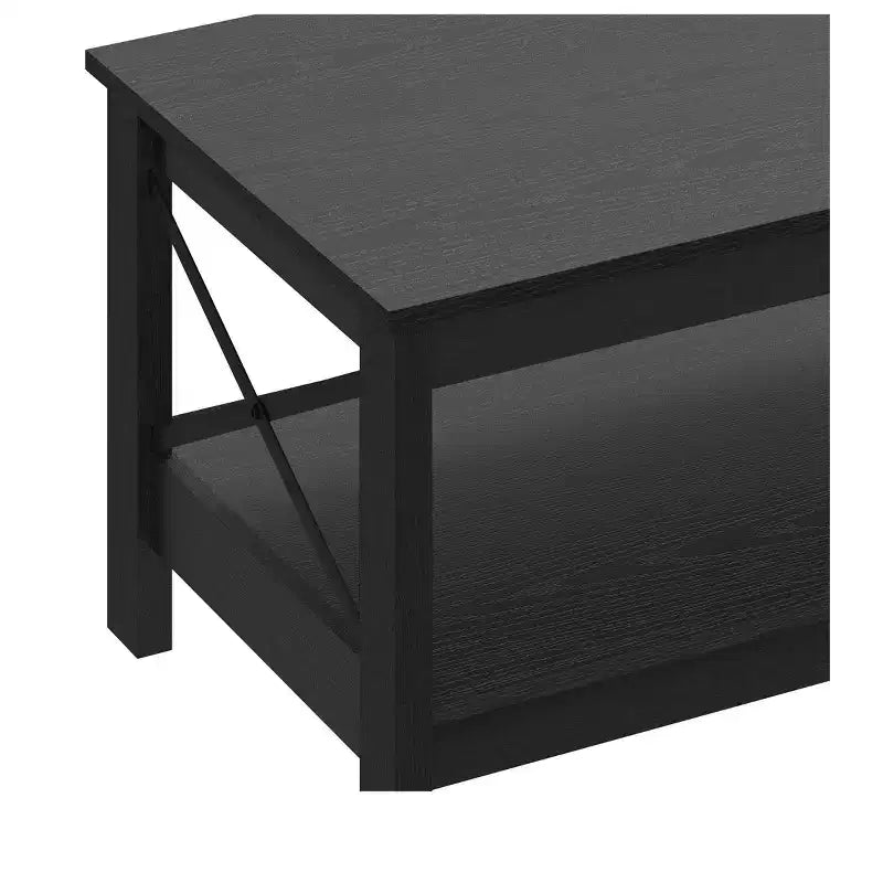Tavolino da Caffè in Legno Nero a 2 Ripiani con Scaffale Contenitore, Gambe a X, 1 Pezzo
