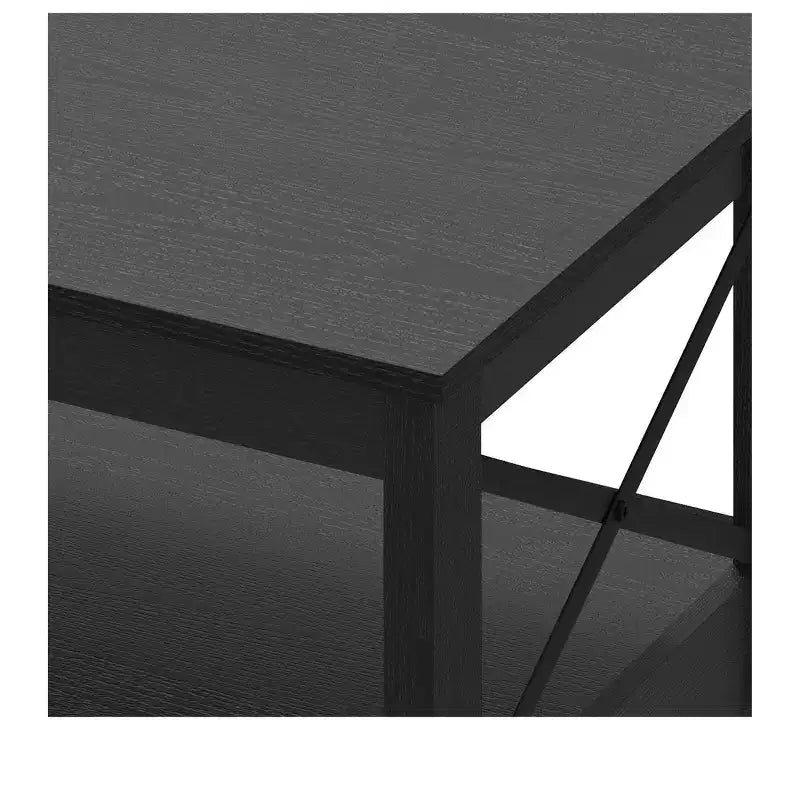 Tavolino da Caffè in Legno Nero a 2 Ripiani con Scaffale Contenitore, Gambe a X, 1 Pezzo