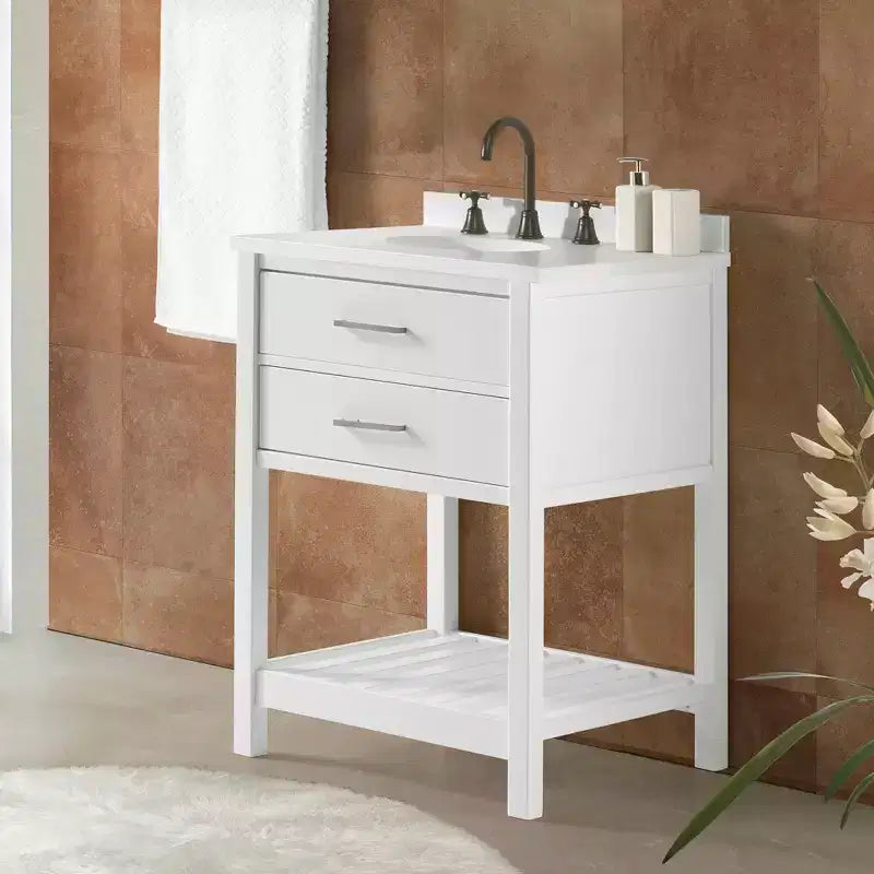 Base per lavabo singolo da 24" bianca, cassetti a chiusura ammortizzata, legno di pino