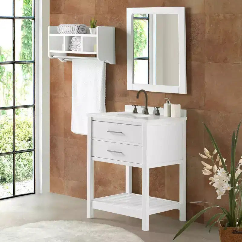 Base per lavabo singolo da 24" bianca, cassetti a chiusura ammortizzata, legno di pino