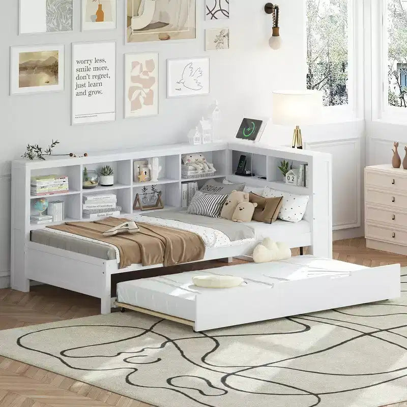 Divano Letto Singolo Bianco con Letto Estraibile, Libreria e Ricarica USB – Due Posti Letto
