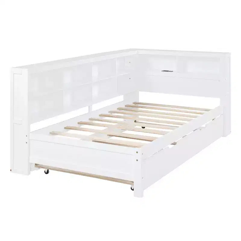 Divano Letto Singolo Bianco con Letto Estraibile, Libreria e Ricarica USB – Due Posti Letto