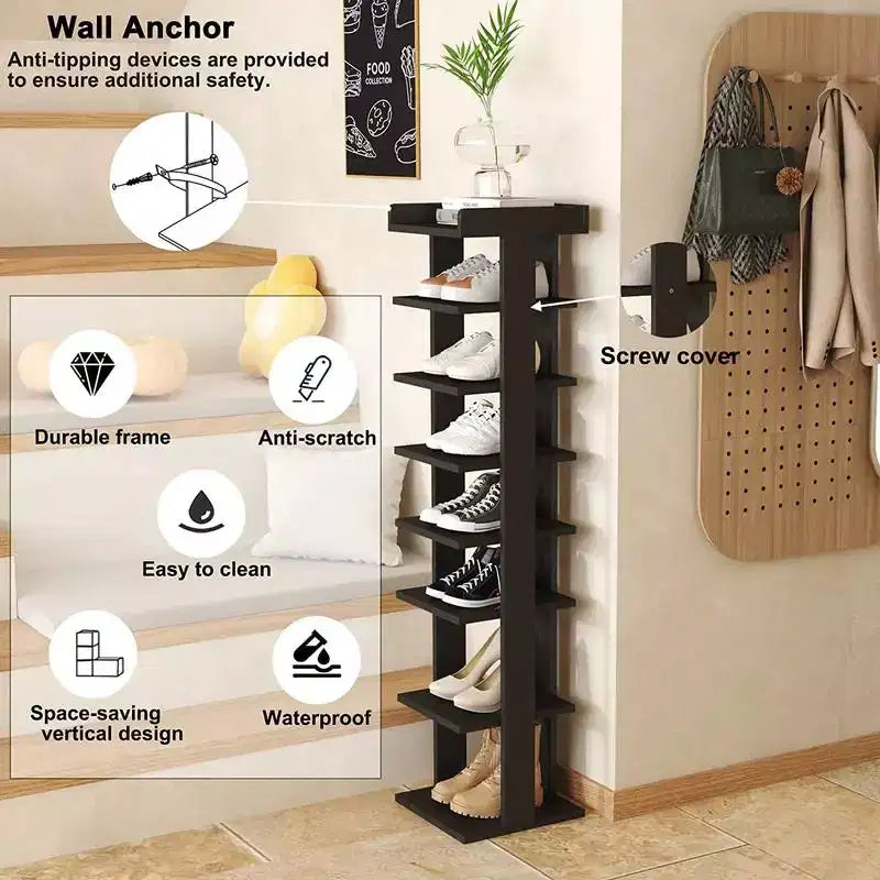 Scarpiera verticale a 7 ripiani in legno marrone scuro, autoportante, contiene fino a 10 paia