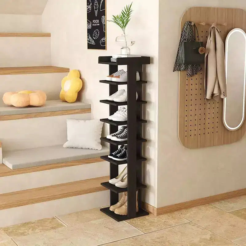 Scarpiera verticale a 7 ripiani in legno marrone scuro, autoportante, contiene fino a 10 paia