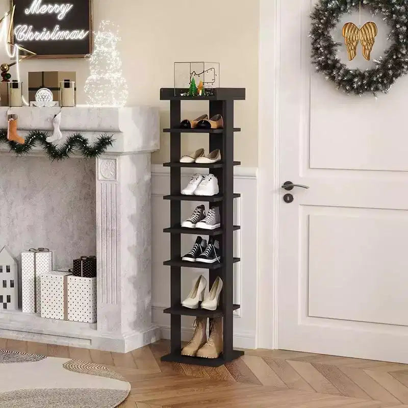 Scarpiera verticale a 7 ripiani in legno marrone scuro, autoportante, contiene fino a 10 paia