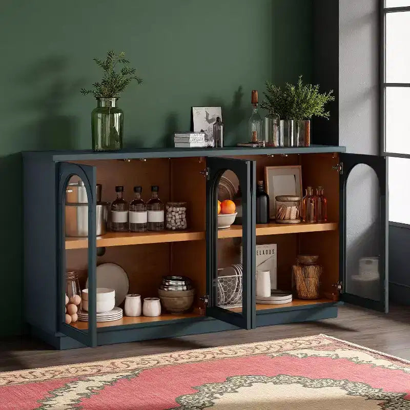 Madia a 4 ante con ante ad arco in vetro – Nero / Blu Navy / Pino anticato