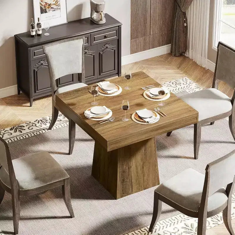 Tavolo da pranzo quadrato per 4 persone, nero/marrone, con base a piedistallo e piano in legno
