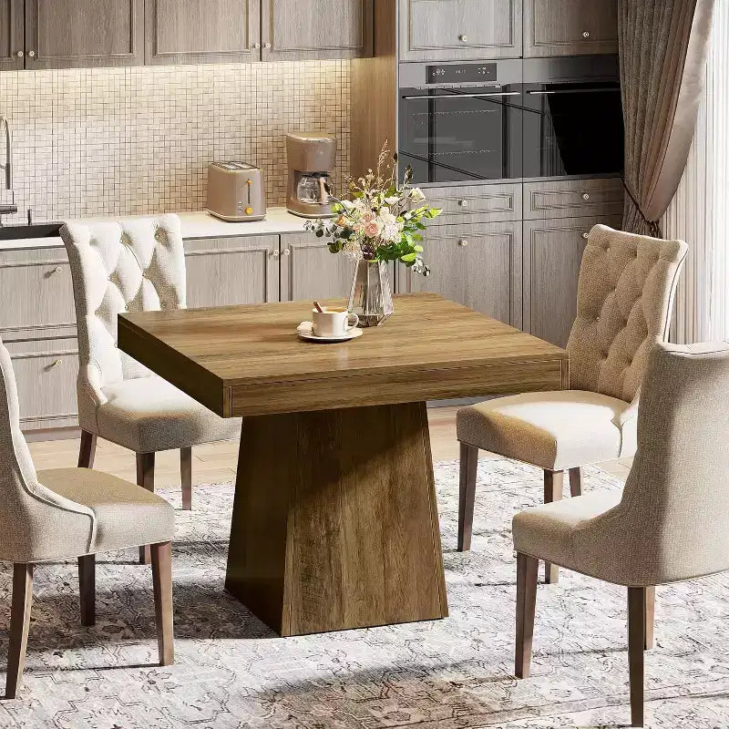 Tavolo da pranzo quadrato per 4 persone, nero/marrone, con base a piedistallo e piano in legno