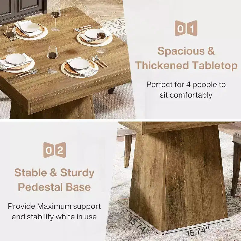 Tavolo da pranzo quadrato per 4 persone, nero/marrone, con base a piedistallo e piano in legno