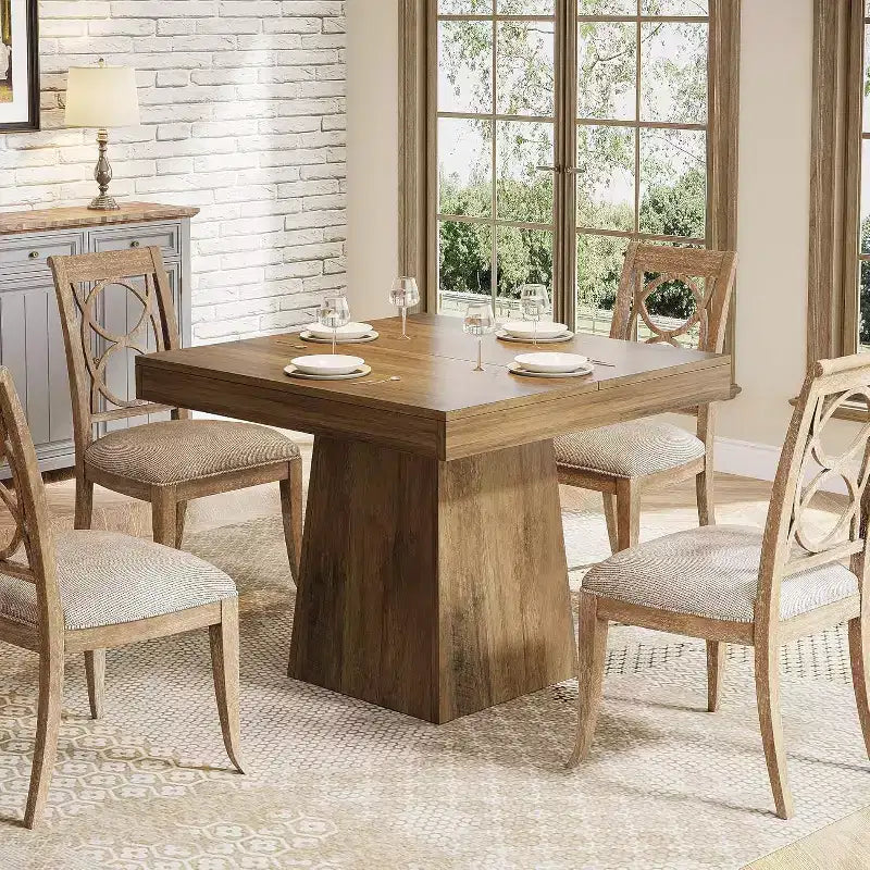 Tavolo da pranzo quadrato per 4 persone, nero/marrone, con base a piedistallo e piano in legno