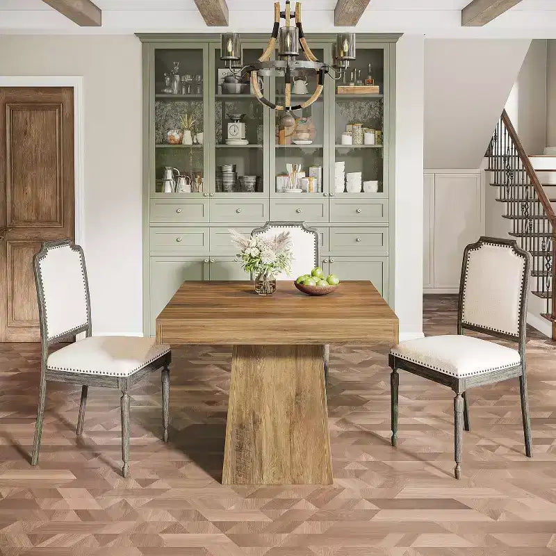 Tavolo da pranzo quadrato per 4 persone, nero/marrone, con base a piedistallo e piano in legno