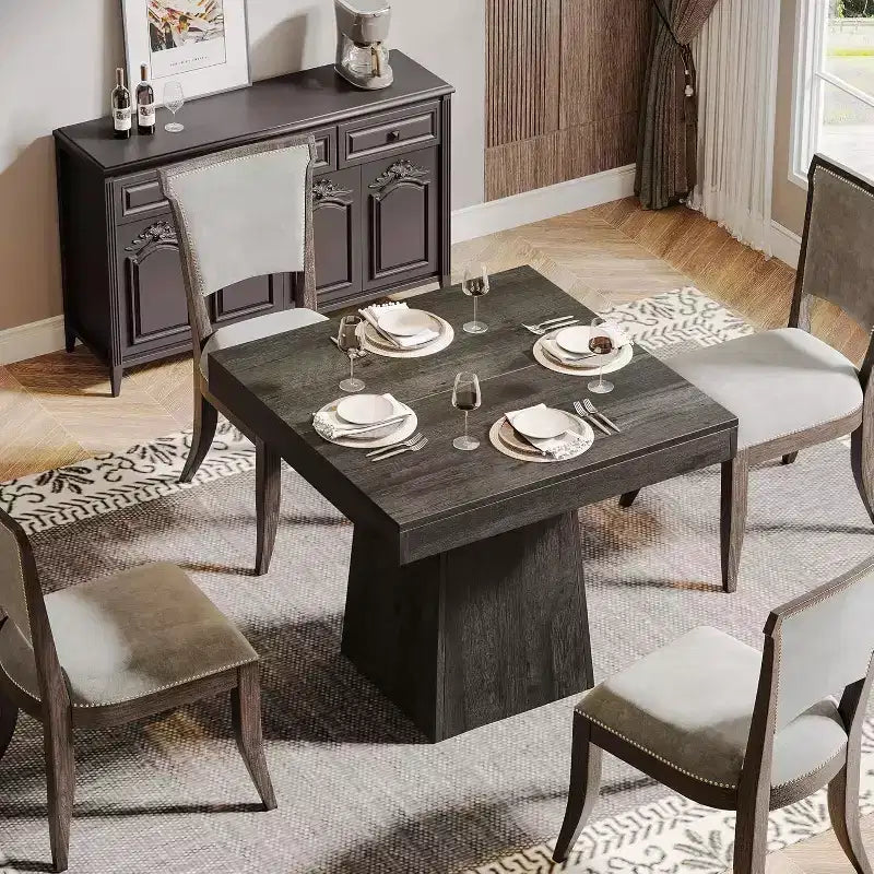 Tavolo da pranzo quadrato per 4 persone, nero/marrone, con base a piedistallo e piano in legno