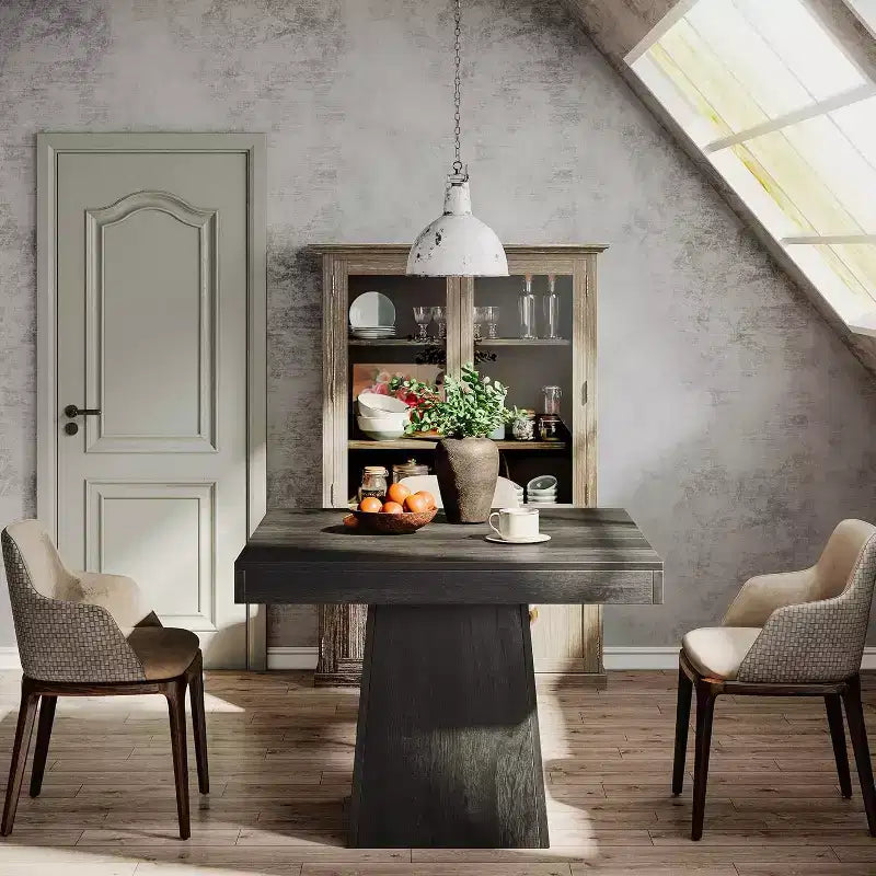 Tavolo da pranzo quadrato per 4 persone, nero/marrone, con base a piedistallo e piano in legno