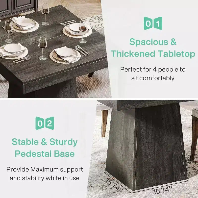 Tavolo da pranzo quadrato per 4 persone, nero/marrone, con base a piedistallo e piano in legno