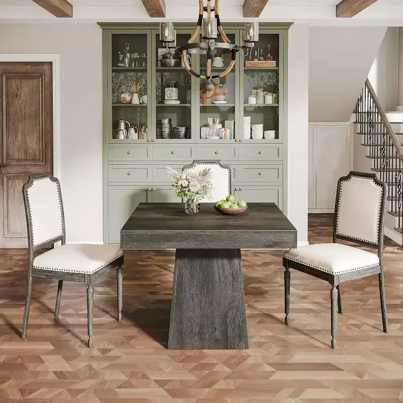 Tavolo da pranzo quadrato per 4 persone, nero/marrone, con base a piedistallo e piano in legno