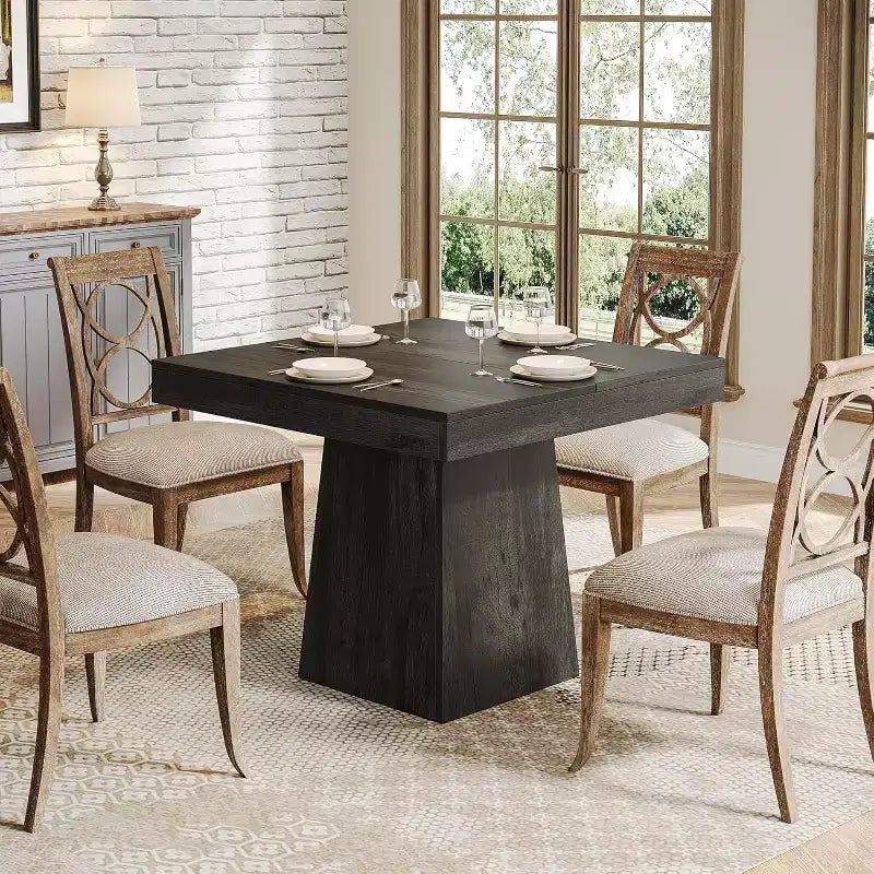 Tavolo da pranzo quadrato per 4 persone, nero/marrone, con base a piedistallo e piano in legno