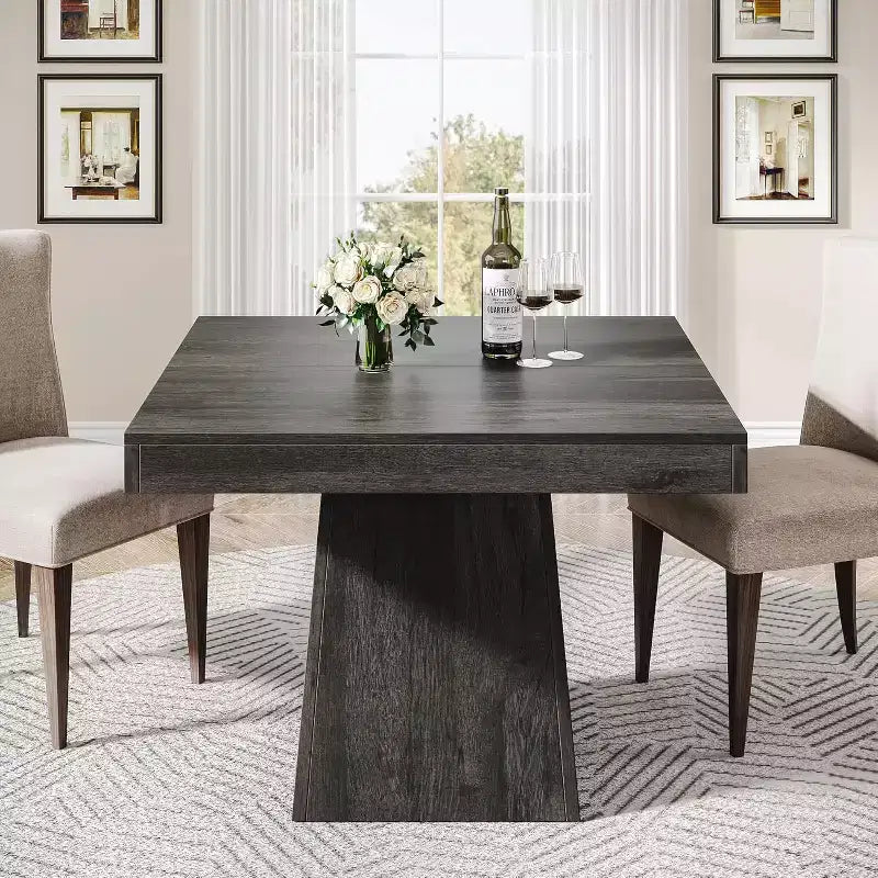 Tavolo da pranzo quadrato per 4 persone, nero/marrone, con base a piedistallo e piano in legno