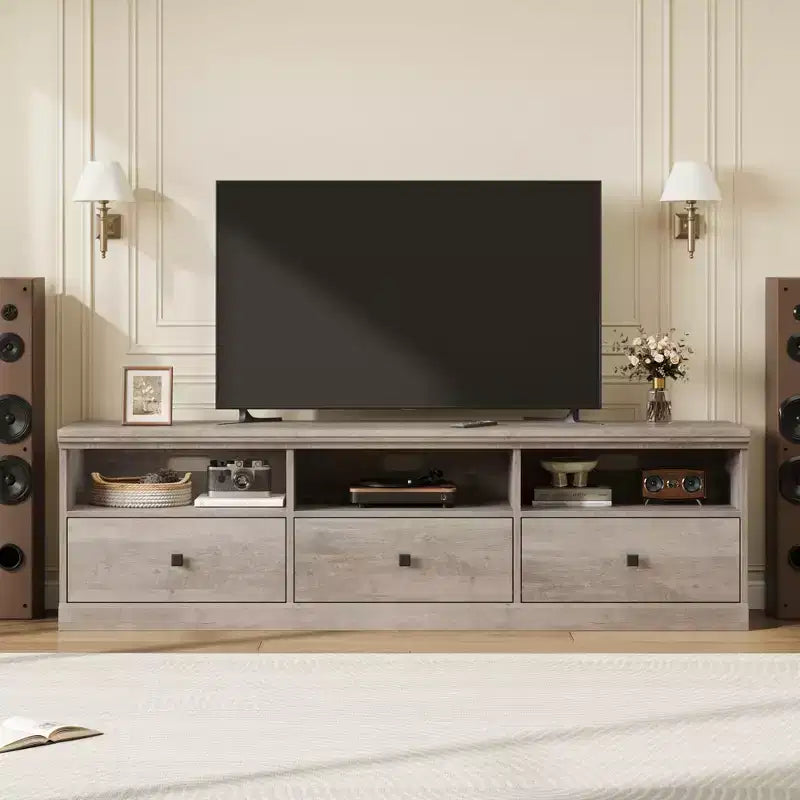 Mobile TV in nero / grigio / bianco / legno per TV fino a 80" – Unità singola con cassetto e ripiani aperti