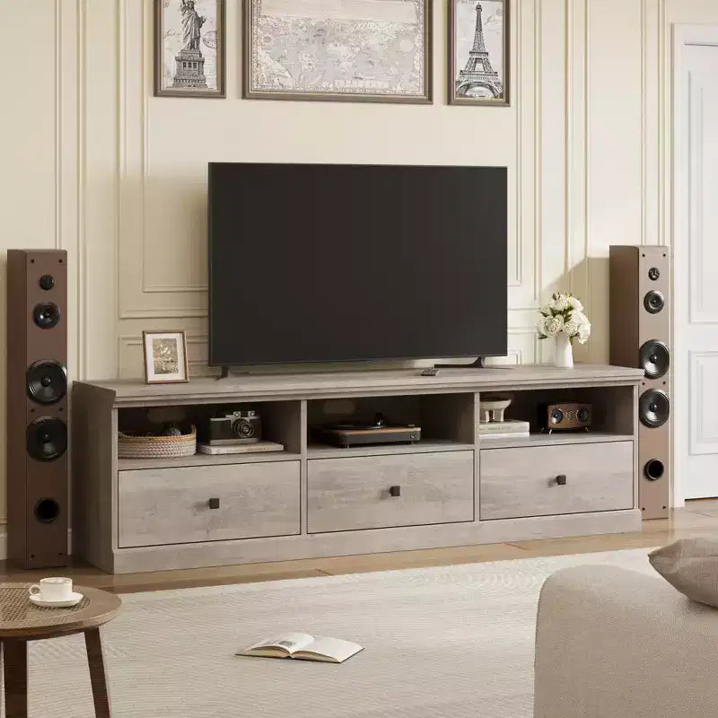 Mobile TV in nero / grigio / bianco / legno per TV fino a 80" – Unità singola con cassetto e ripiani aperti