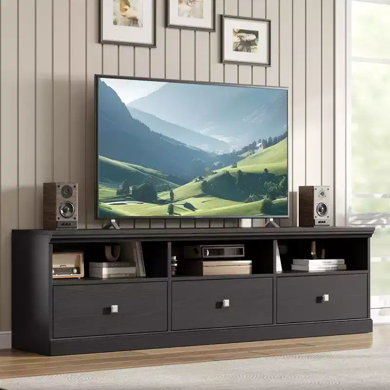 Mobile TV in nero / grigio / bianco / legno per TV fino a 80" – Unità singola con cassetto e ripiani aperti