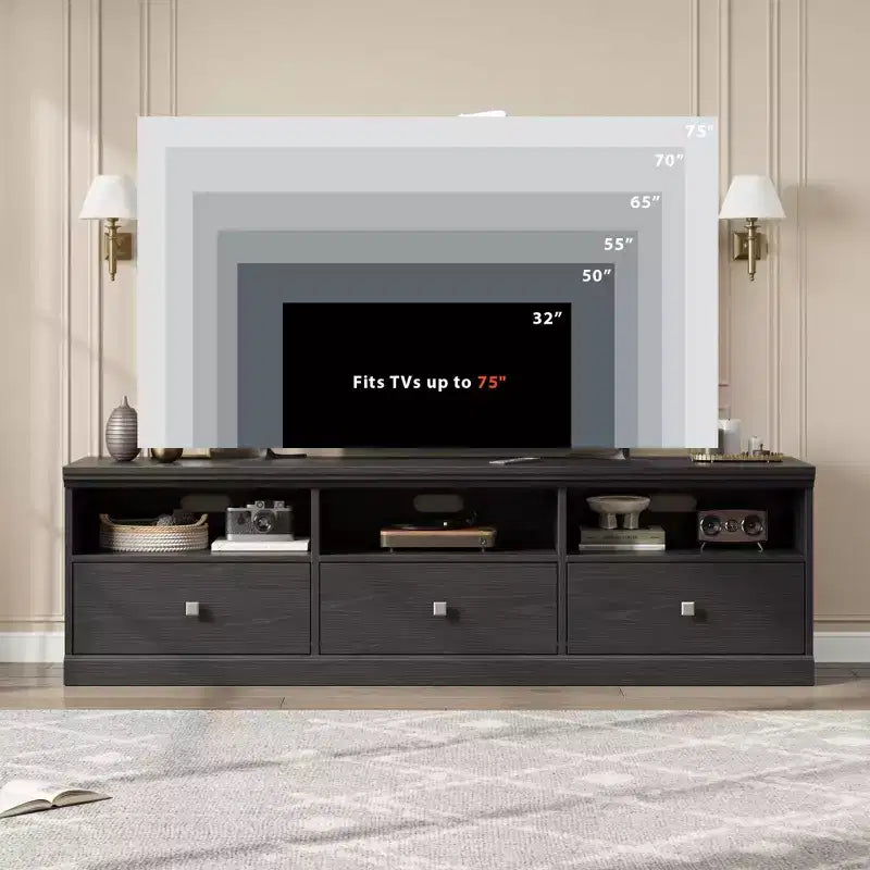 Mobile TV in nero / grigio / bianco / legno per TV fino a 80" – Unità singola con cassetto e ripiani aperti