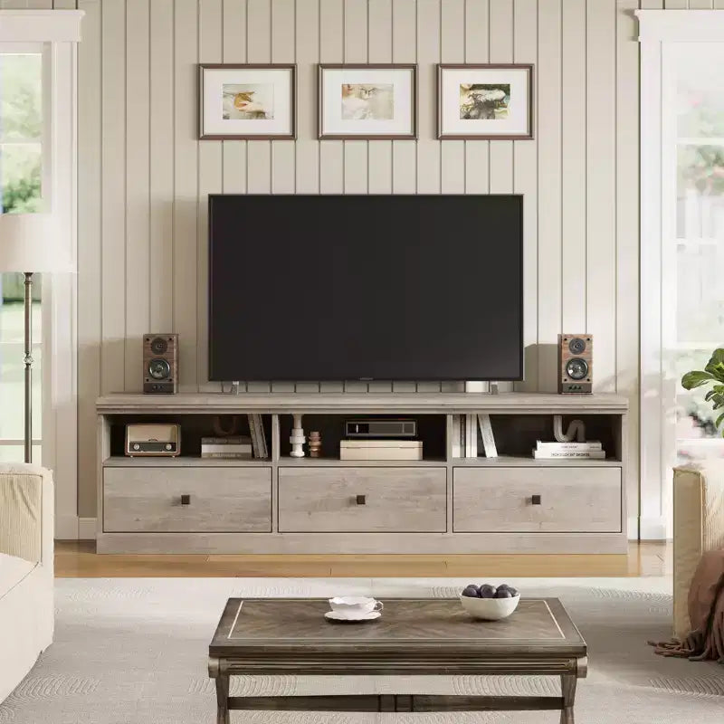 Mobile TV in nero / grigio / bianco / legno per TV fino a 80" – Unità singola con cassetto e ripiani aperti