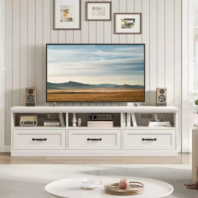 Mobile TV in nero / grigio / bianco / legno per TV fino a 80" – Unità singola con cassetto e ripiani aperti
