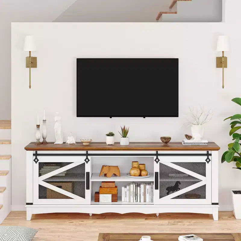 Farmhouse TV Stand for 65/70/75 Inch TV, 65 inch Entertainment Center Storage Cabinets with Sliding Barn Doors, Media Console Cabinet for Living Room