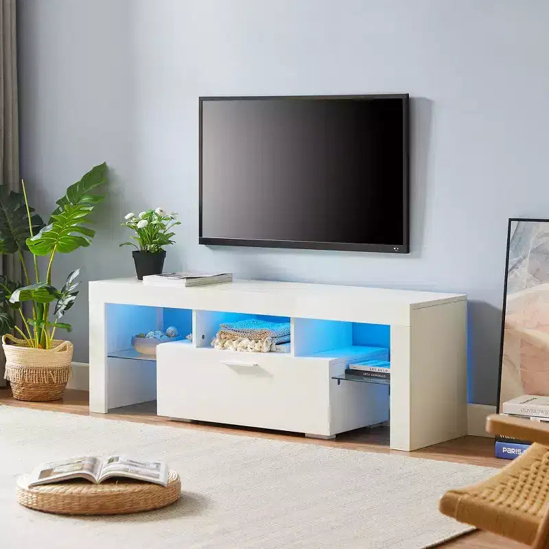 Mobile TV nero con LED RGB e vano portaoggetti, 2 dimensioni (130 cm / 160 cm), Montaggio da 1 persona