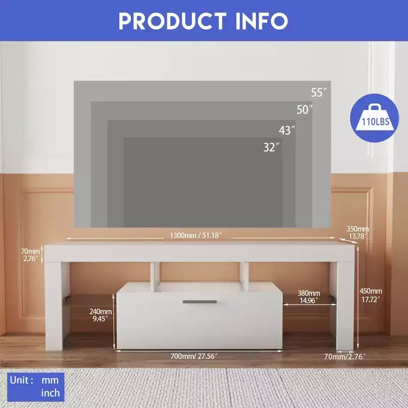 Mobile TV nero con LED RGB e vano portaoggetti, 2 dimensioni (130 cm / 160 cm), Montaggio da 1 persona