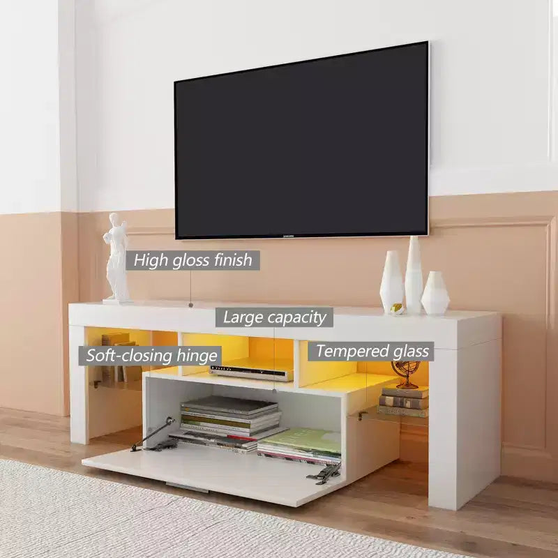 Mobile TV nero con LED RGB e vano portaoggetti, 2 dimensioni (130 cm / 160 cm), Montaggio da 1 persona