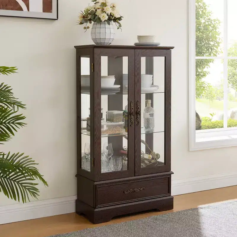 Vetrina retrò con luce, singola, colore Nero / Marrone / Bianco / Rovere chiaro / Arancione