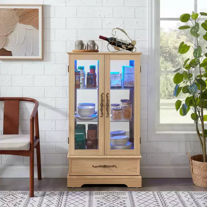 Vetrina retrò con luce, singola, colore Nero / Marrone / Bianco / Rovere chiaro / Arancione