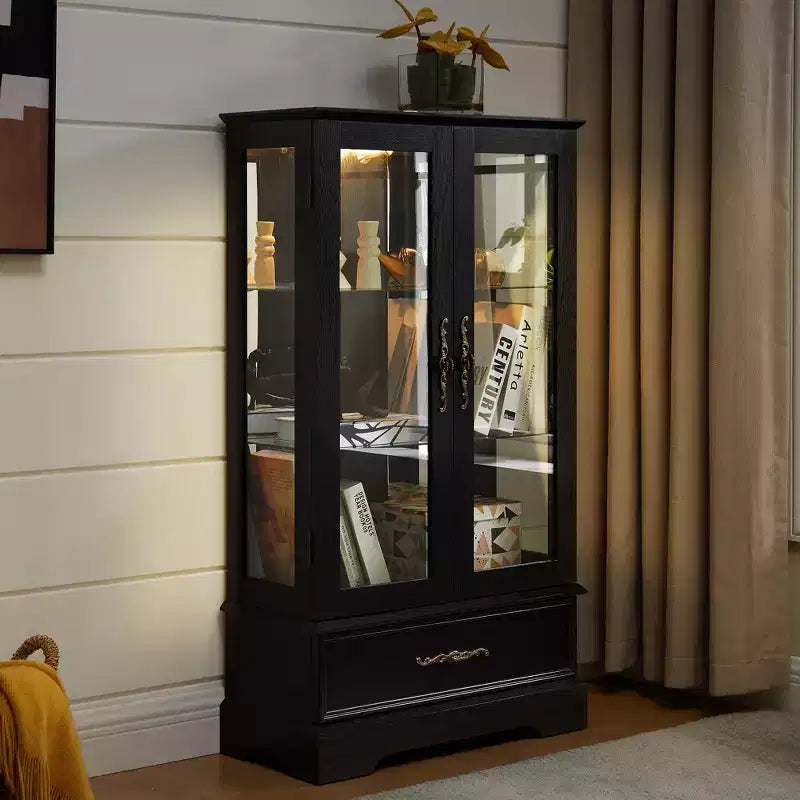Vetrina retrò con luce, singola, colore Nero / Marrone / Bianco / Rovere chiaro / Arancione