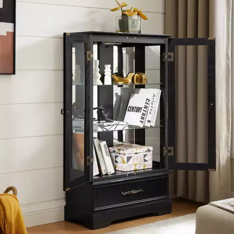 Vetrina retrò con luce, singola, colore Nero / Marrone / Bianco / Rovere chiaro / Arancione