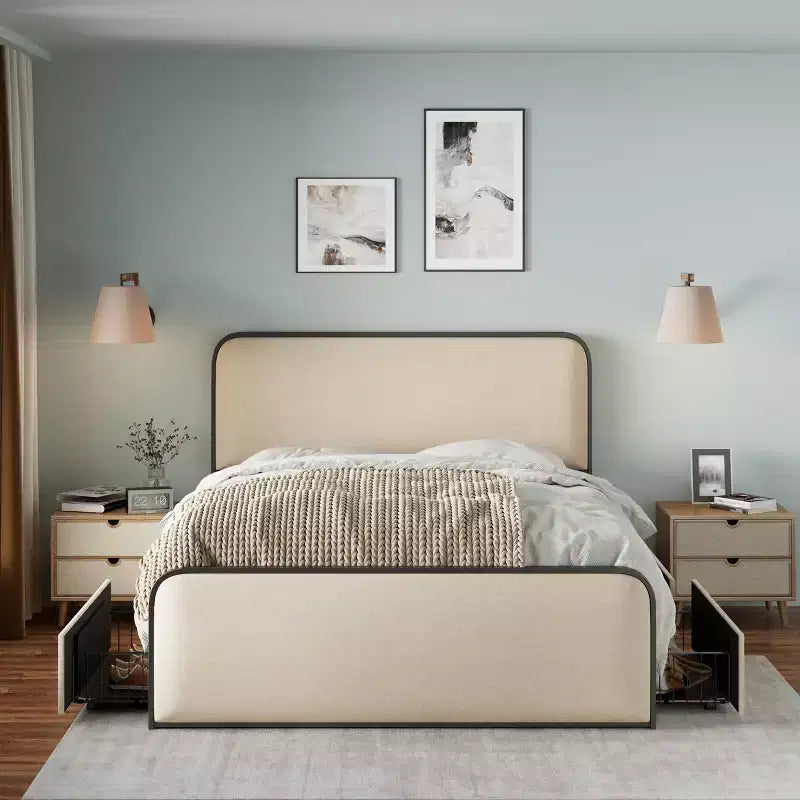 Struttura letto matrimoniale in metallo con testiera imbottita e 4 cassetti, beige, per 1 persona
