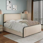 Struttura letto matrimoniale in metallo con testiera imbottita e 4 cassetti, beige, per 1 persona
