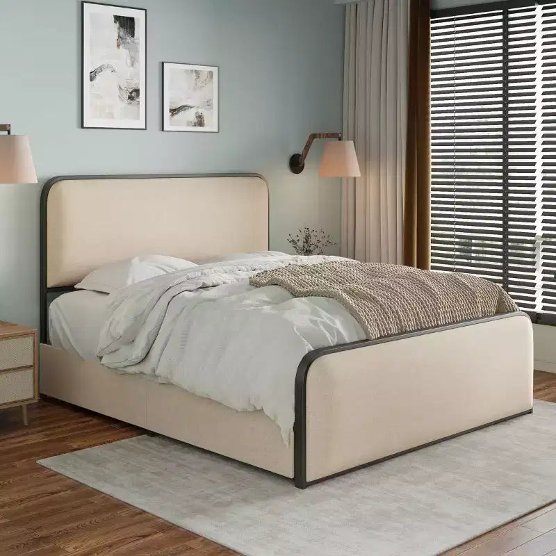 Struttura letto matrimoniale in metallo con testiera imbottita e 4 cassetti, beige, per 1 persona