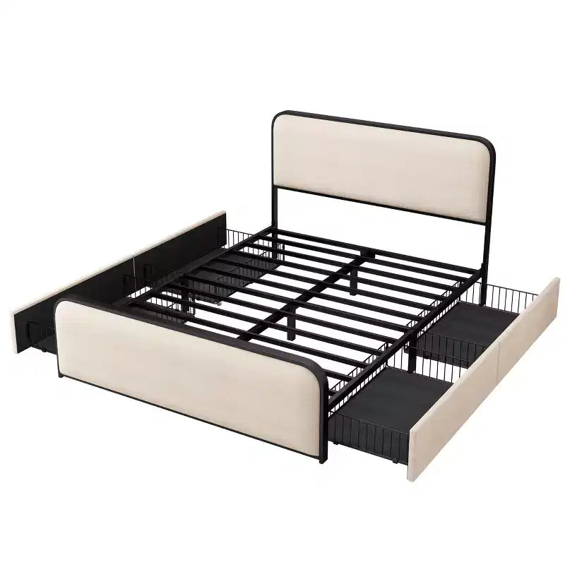 Struttura letto matrimoniale in metallo con testiera imbottita e 4 cassetti, beige, per 1 persona