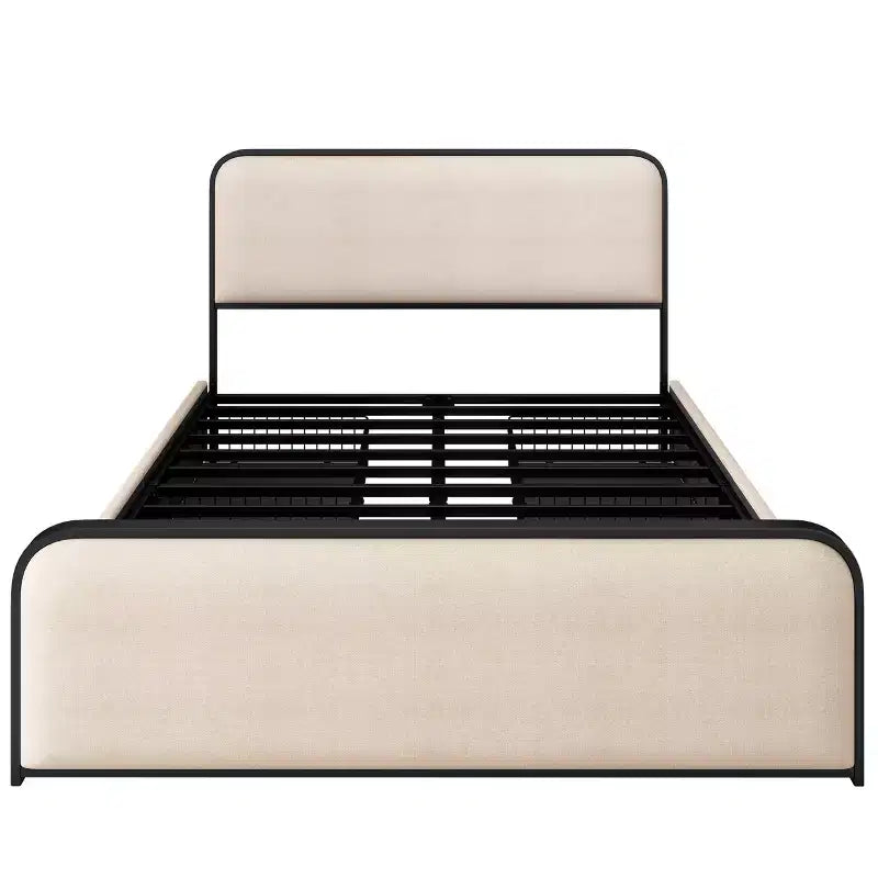 Struttura letto matrimoniale in metallo con testiera imbottita e 4 cassetti, beige, per 1 persona