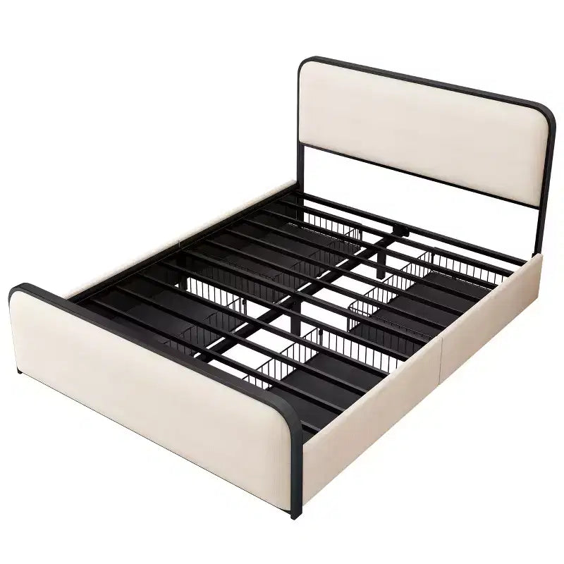 Struttura letto matrimoniale in metallo con testiera imbottita e 4 cassetti, beige, per 1 persona