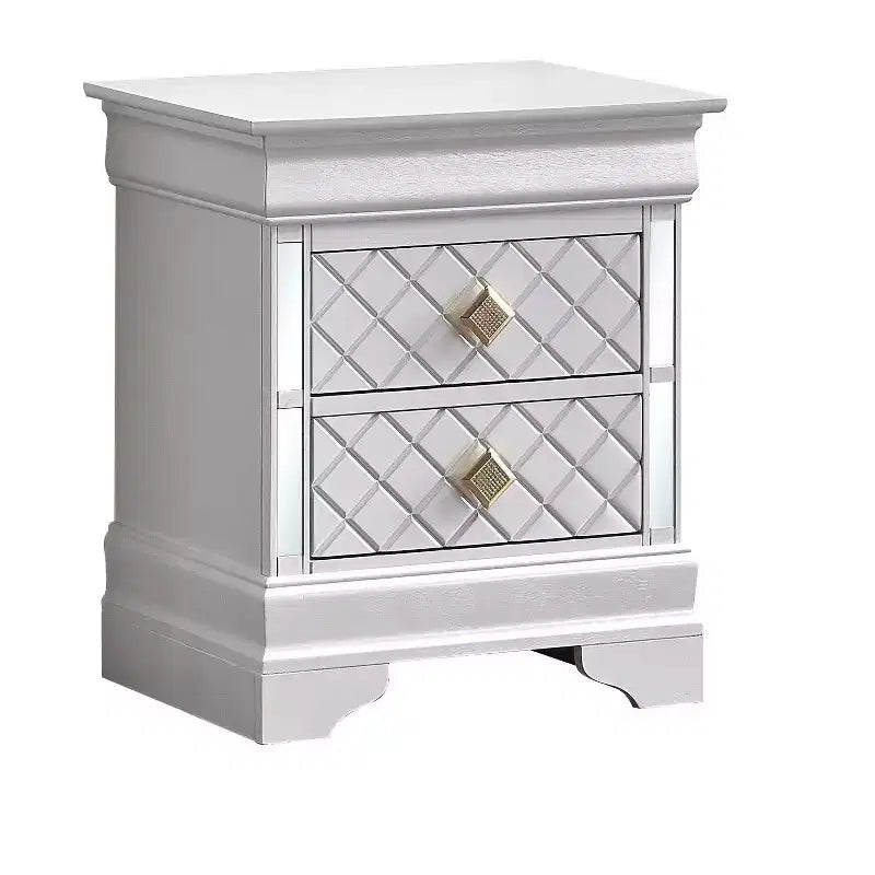 Comodino con 2 cassetti bianco perla, struttura in legno, utilizzo per 1 persona