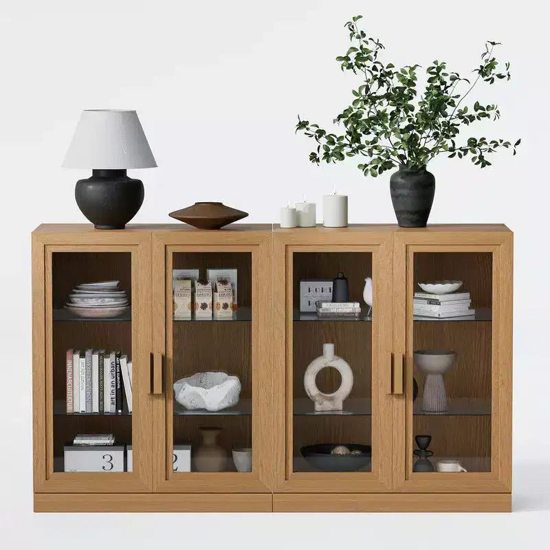 Credenza a Buffet in Legno Naturale con 4 Ante in Vetro – 157,5 cm L x 91,4 cm H