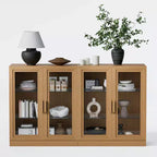 Credenza a Buffet in Legno Naturale con 4 Ante in Vetro – 157,5 cm L x 91,4 cm H